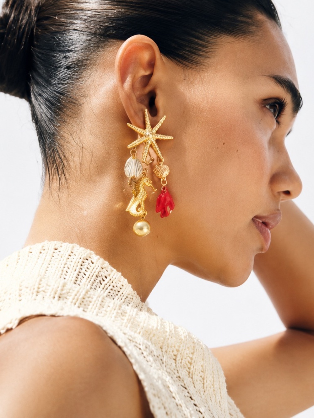 Zara NWT Gold Ocean Charm Statement Drop Earrings Starfish Shell Lobster Nauti